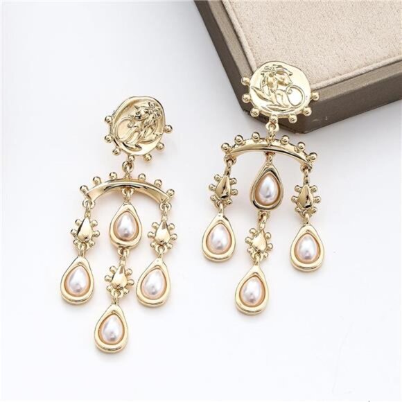 Vintage Pearl Chandelier Earrings | Gold Multi-Tier Drop Earrings - Picture 3 of 5